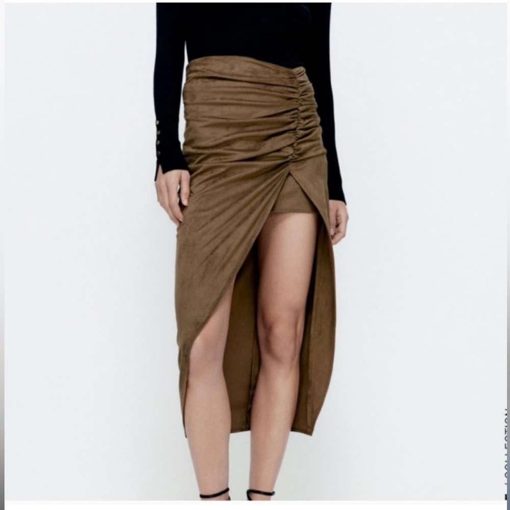 Zara Faux Suede Ruched Skirts With Slit